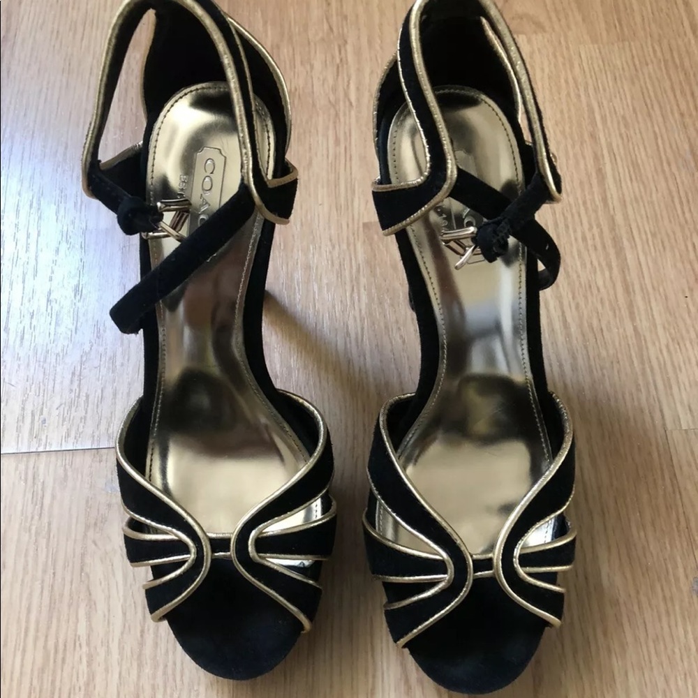 Womens Suede Leather Coach High Heels Black Gold 6